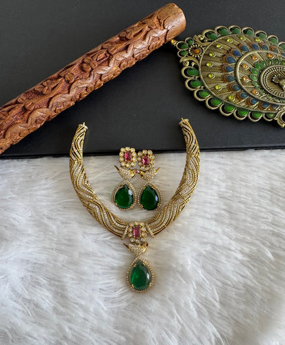 Antique gold tone cz pink-green-white bird necklace set dj-52125