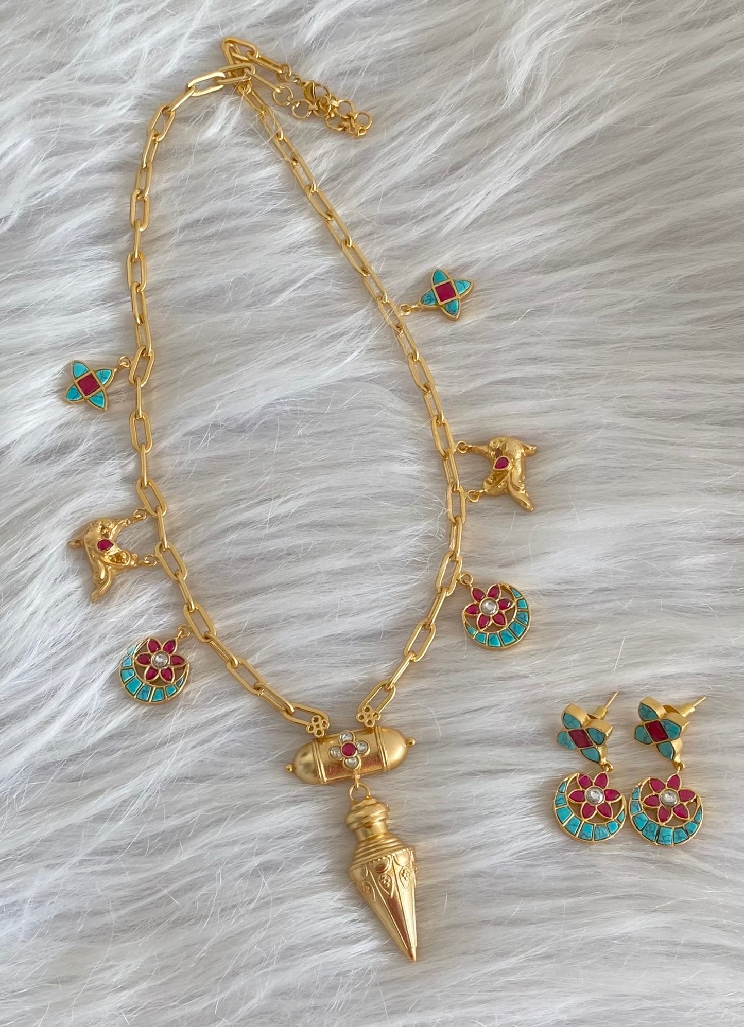 Gold tone turquoise-pink kundan jadau floral necklace set dj-54193