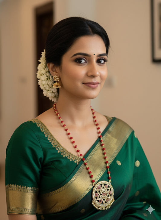 Gold tone maroon beaded chain with Tamil “Om Saravana Bhava” pendant dj-52227