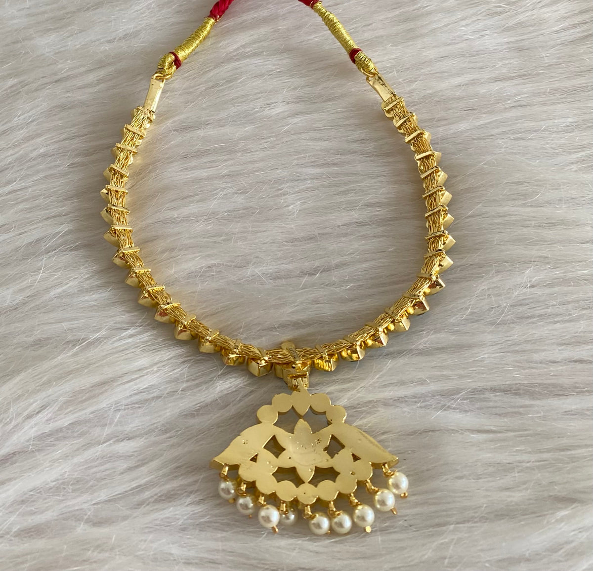 Gold tone AD cerulean blue stone pearl attigai flower necklace dj-55131