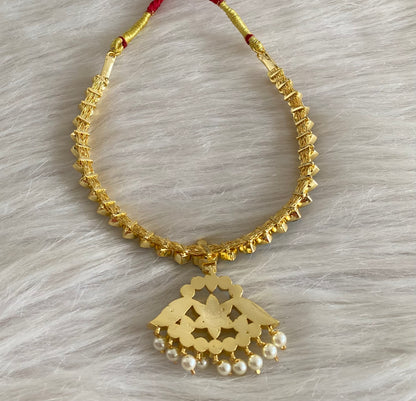 Gold tone AD cerulean blue stone pearl attigai flower necklace dj-55131
