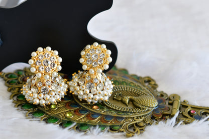 Gold tone AD white pearl small jhumkka dj-52518