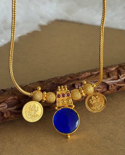 Gold tone pink-blue kerala style round kodi Lakshmi coin necklace dj-51705
