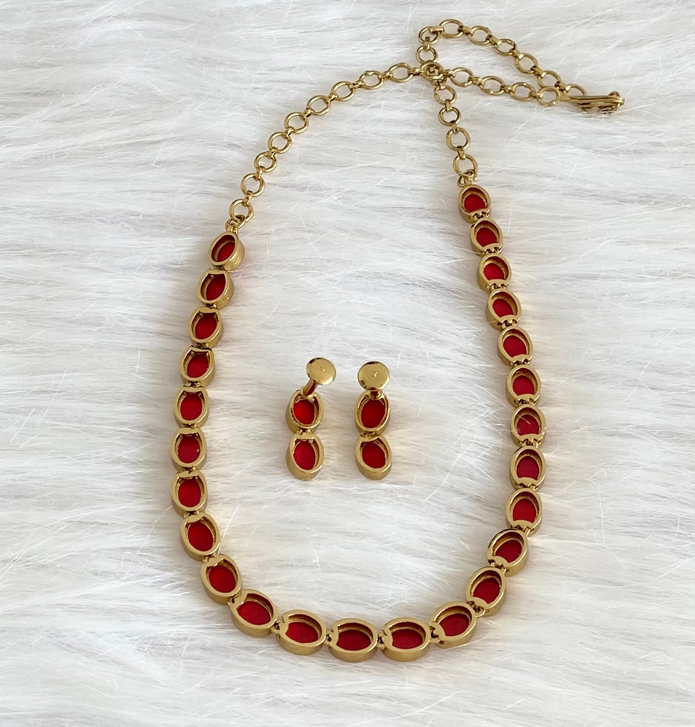 Antique gold tone coral oval stone necklace set dj-54082