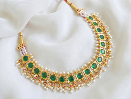 Gold tone green-pink kolhapuri necklace DJ30185