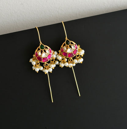 Gold tone pink-green-white kundan jadau bali bugadi needle earrings dj-52456