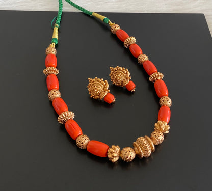 Antique gold tone coral nakshi beaded necklace set dj-54954