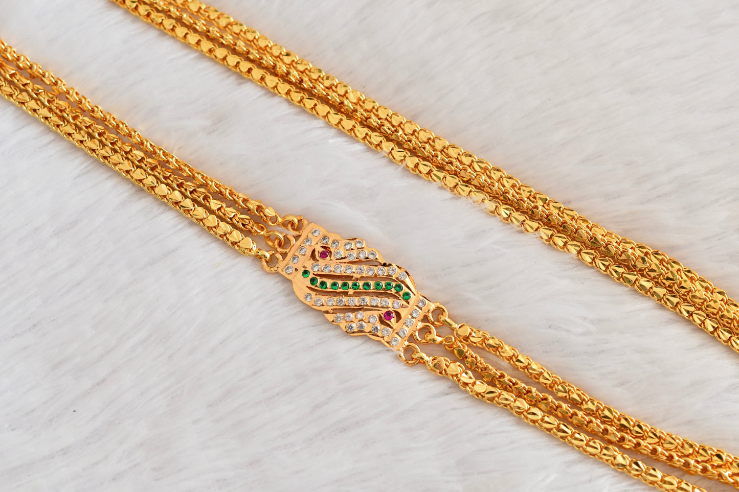 Gold tone 24 inches ruby-green-white triple layer mugappu chain Dj-53309