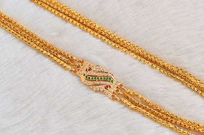 Gold tone 24 inches ruby-green-white triple layer mugappu chain Dj-53309