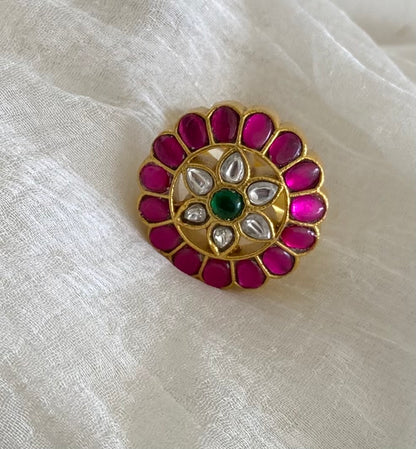 Gold tone pink-green-white kundan jadau round flower finger ring dj-54322