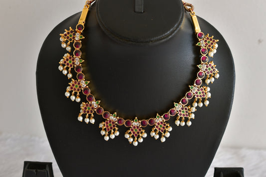 Gold tone precious kemp-green-white pearl necklace dj-52257