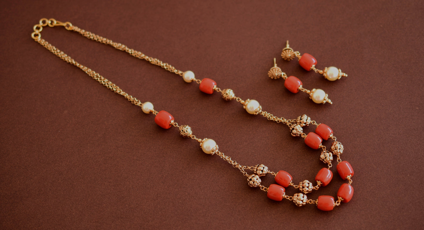 Antique gold tone pearl-coral beaded mala/necklace set dj-52692