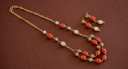 Antique gold tone pearl-coral beaded mala/necklace set dj-52692