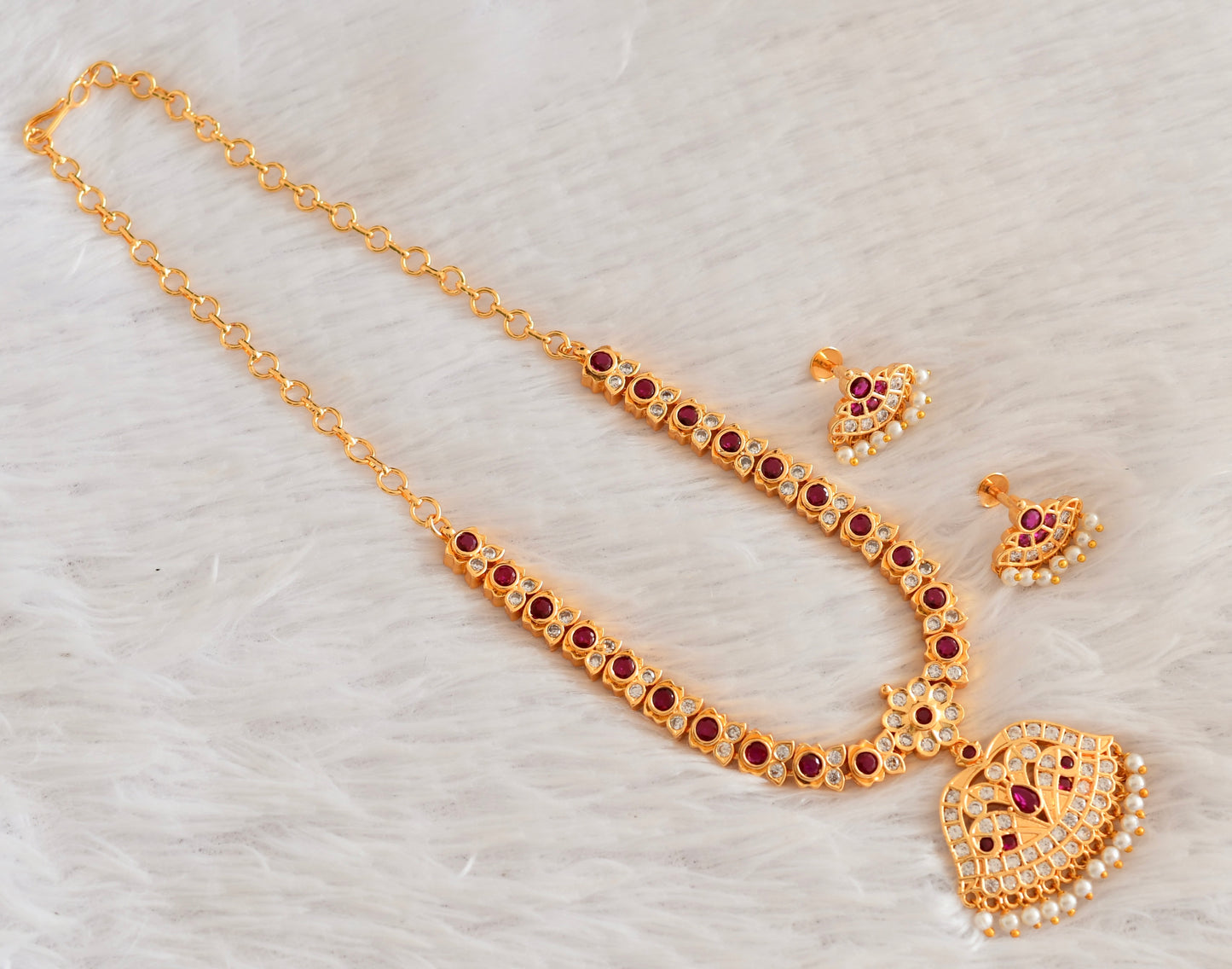 Gold tone AD pink south Indian style necklace set dj-53300