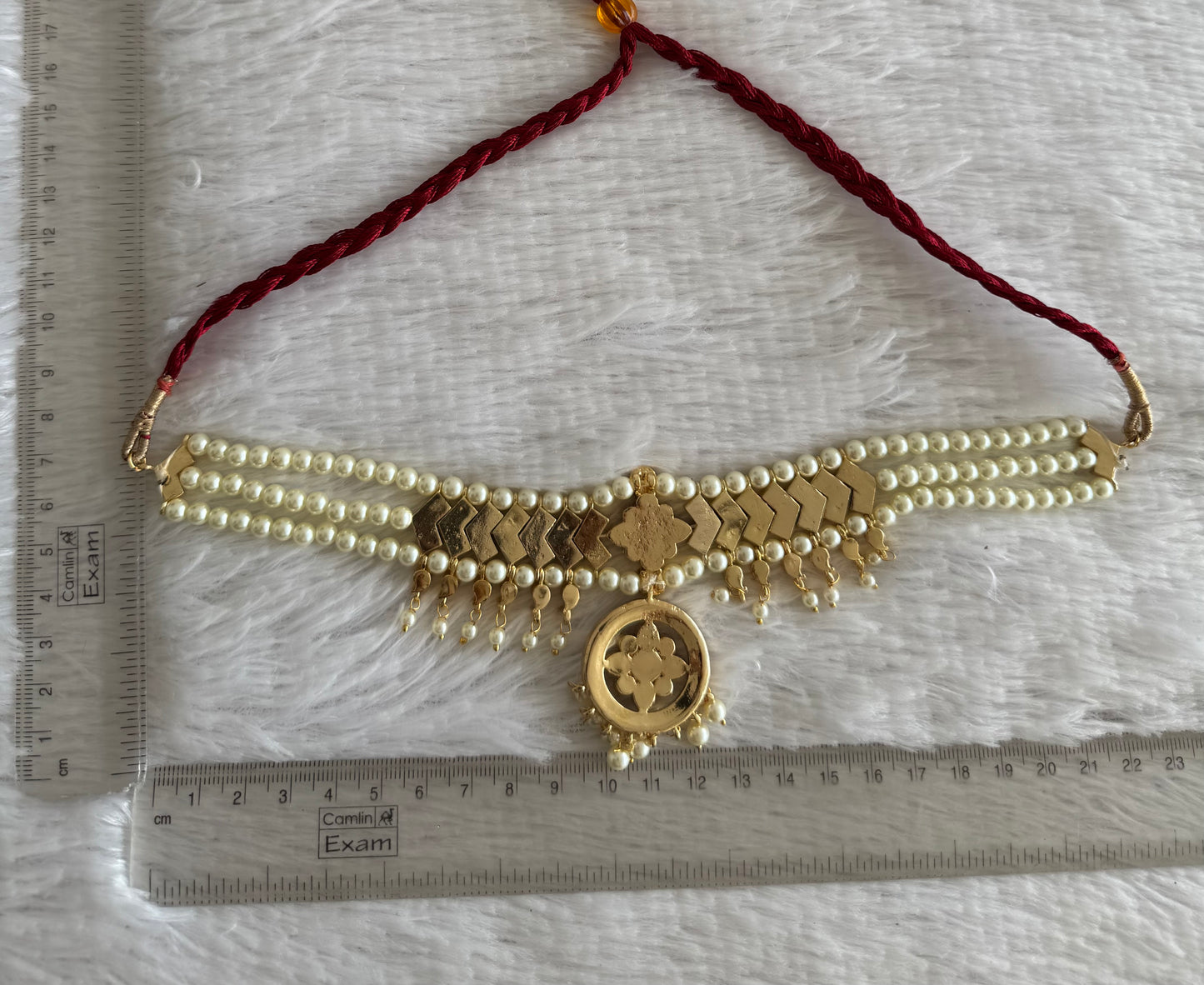 Gold tone precious kemp-green-white pearl attigai/necklace dj-52004