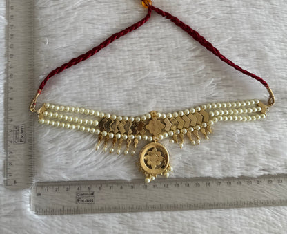 Gold tone precious kemp-green-white pearl attigai/necklace dj-52004