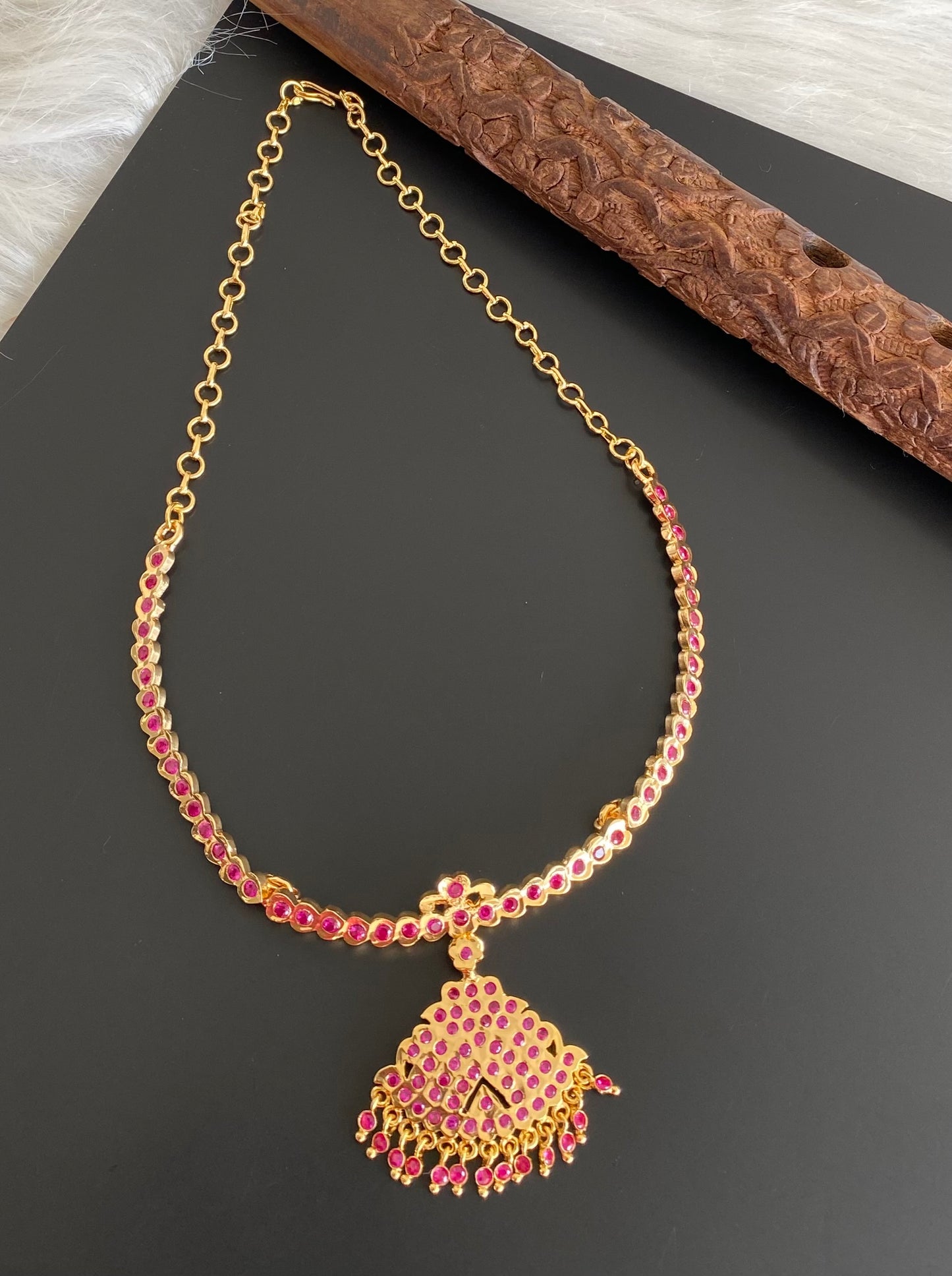 Gold tone south indian AD pink stone necklace dj-53900