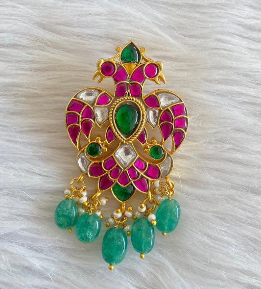 Gold tone pink-green-white kundan jadau ganda berunda small green bead pendant dj-50661