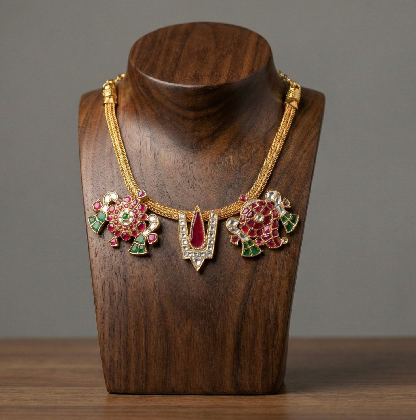 Antique gold tone kundan jadau Thirumal Nama-shanku-chakra necklace dj-48659