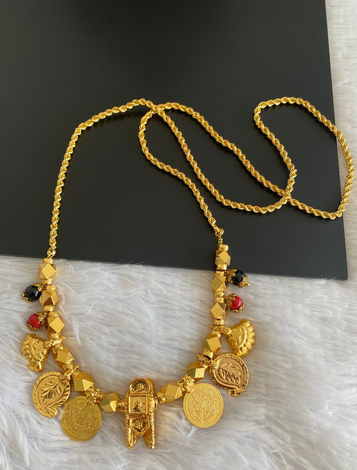 Gold tone coral-black beads mango lakshmi coin Shiva thiru mangalyam dj-52902