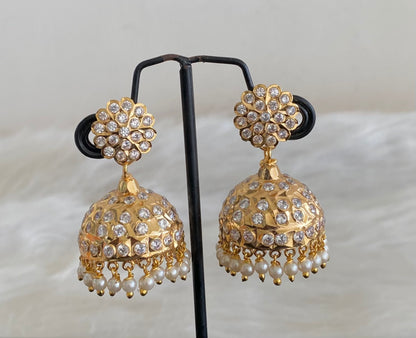 Gold tone south indian style AD white stone with pearl jhumkka dj-54697