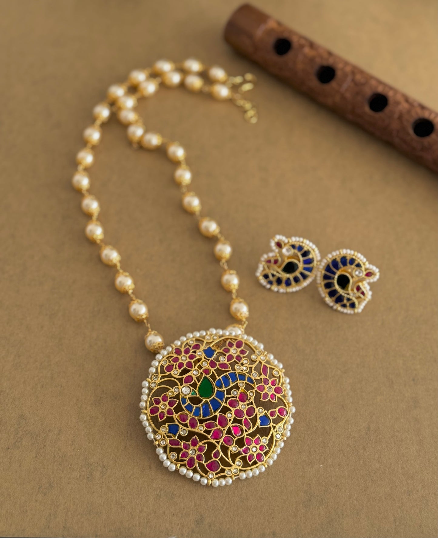 Matte finish multicolor kundan jadau peacock pearl beaded flower necklace set dj-51537