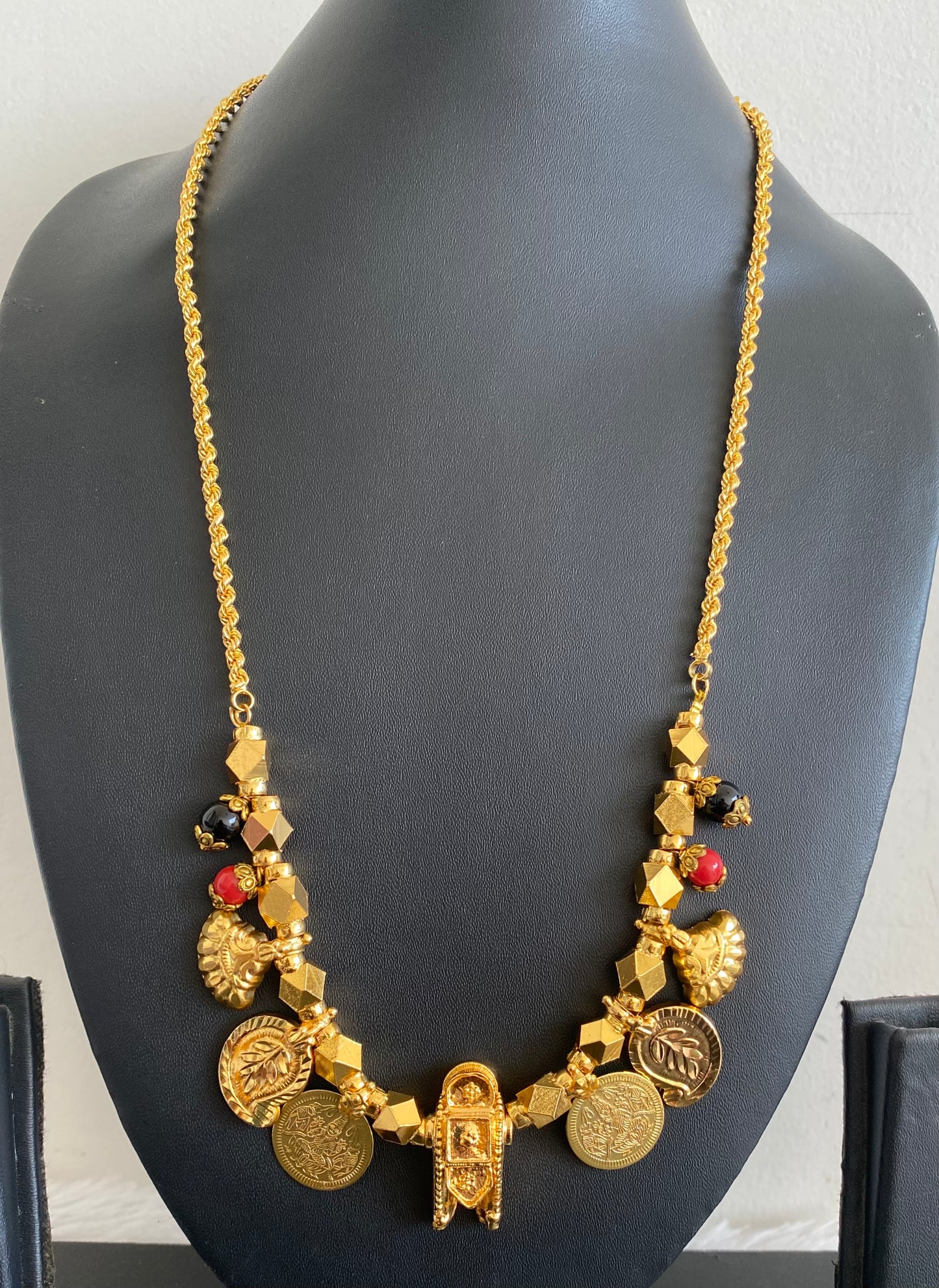 Gold tone coral-black beads mango lakshmi coin Shiva thiru mangalyam dj-52902