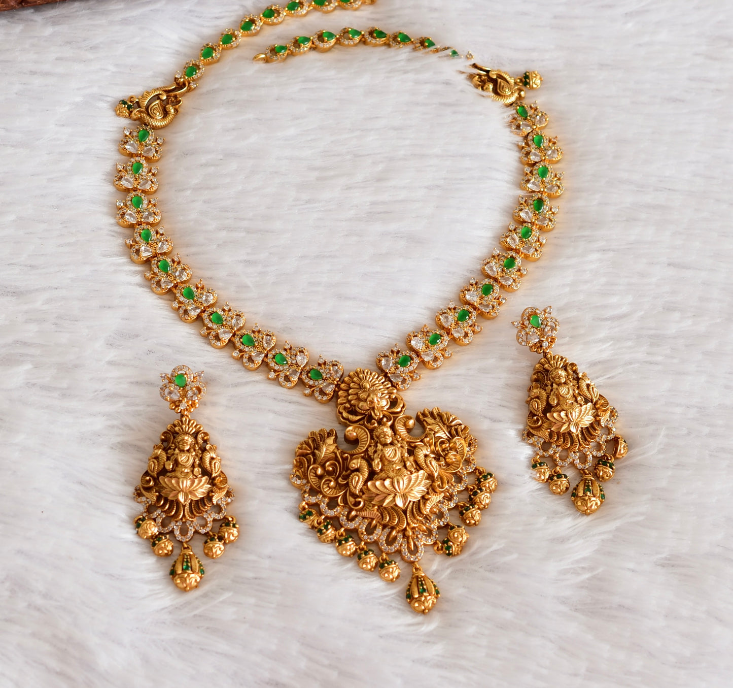 Matte finish cz green lakshmi peacock haar set dj-52435