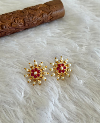 Gold tone pearl-pink round beaded stud/earrings dj-51601