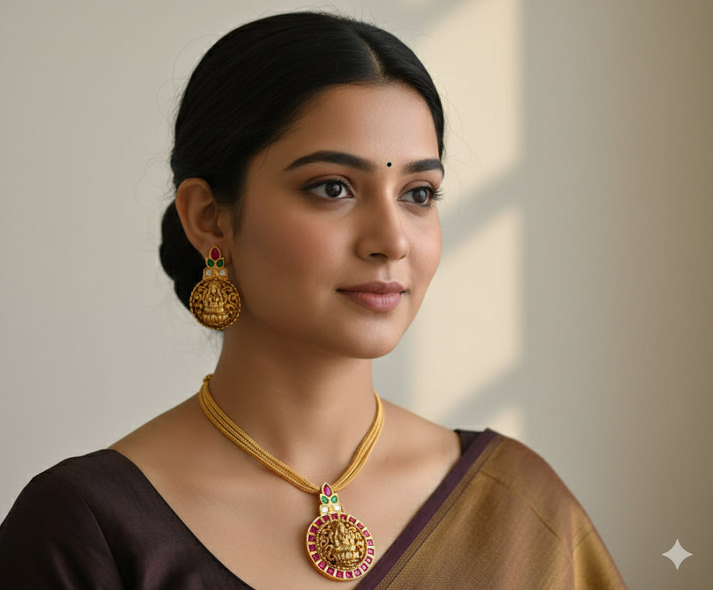 Matte finish pink-green jadau Lakshmi pendant necklace set dj-51821