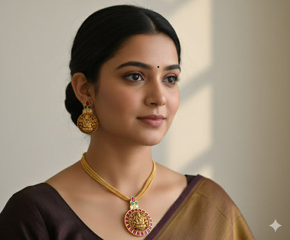 Matte finish pink-green jadau Lakshmi pendant necklace set dj-51821