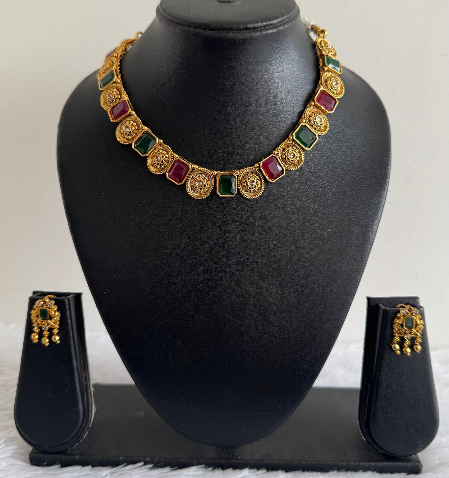 Antique gold tone block ruby-green stone flower necklace set dj-52099