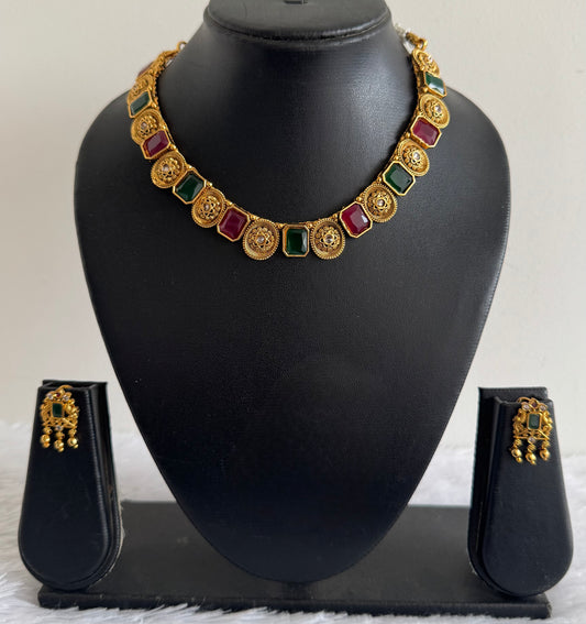 Antique gold tone block ruby-green stone flower necklace set dj-52099