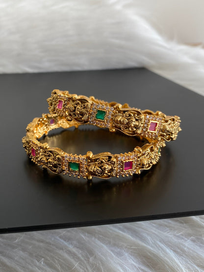 Antique gold tone ruby-green-white square stone lakshmi bangles (2.10) dj-55172
