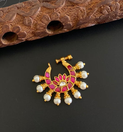 Gold tone kundan jadau pink-white stone pearl nose pin dj-53715
