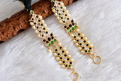 Gold tone precious kemp-green-white stone pearl lotus ear side chain dj-52265