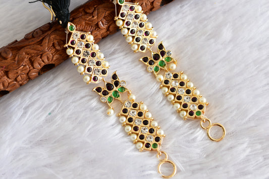 Gold tone precious kemp-green-white stone pearl lotus ear side chain dj-52265