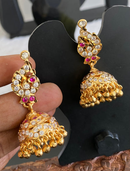 Gold tone AD pink-white south Indian peacock jhumkka dj-53593