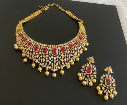 Gold tone AD white-pink pearl choker necklace set dj-53424