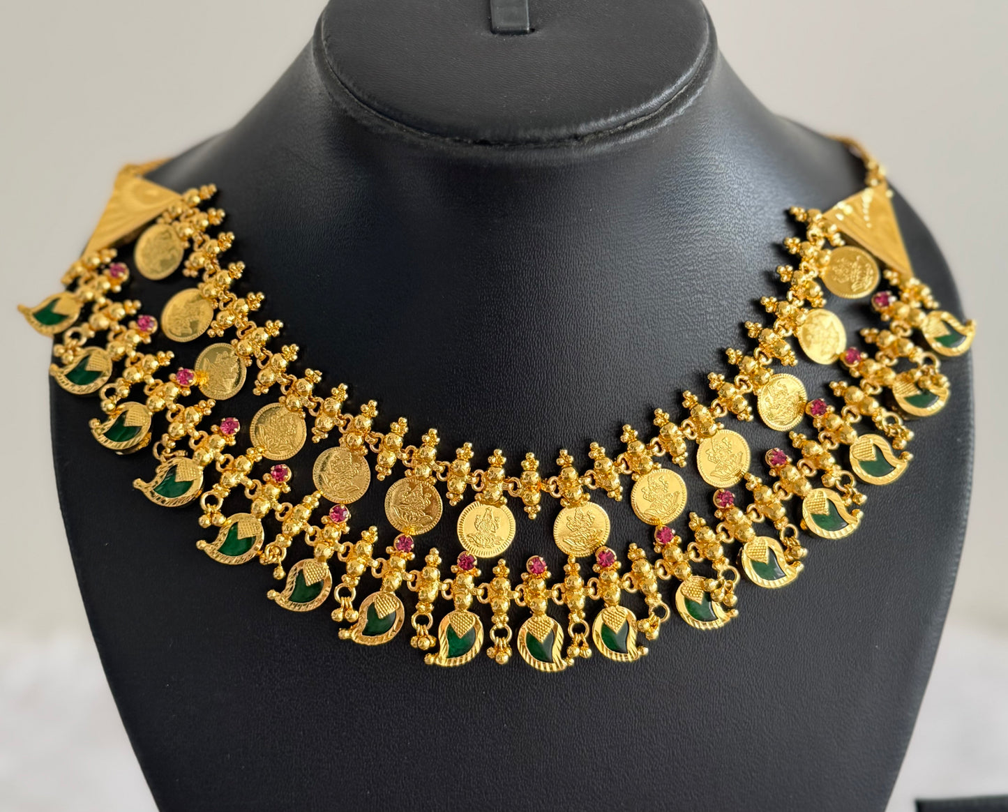 Gold tone kerala style pink-green mango lakshmi coin double layer necklace dj-51734