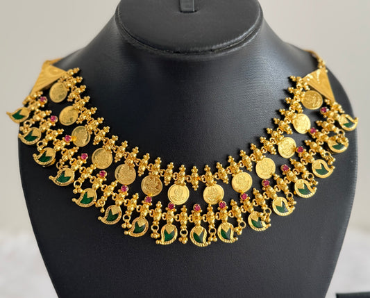 Gold tone kerala style pink-green mango lakshmi coin double layer necklace dj-51734