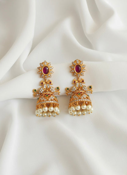 Matte Finish Cz Ruby-green Peacock Jhumkka DJ25538