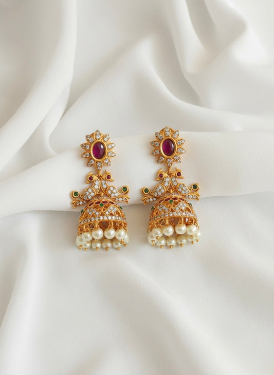 Matte Finish Cz Ruby-green Peacock Jhumkka DJ25538