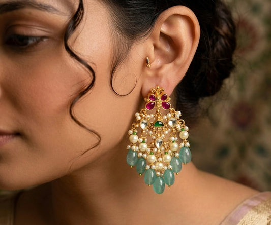 Gold tone pink-green-white kundan jadau green bead butterfly earrings dj-50718