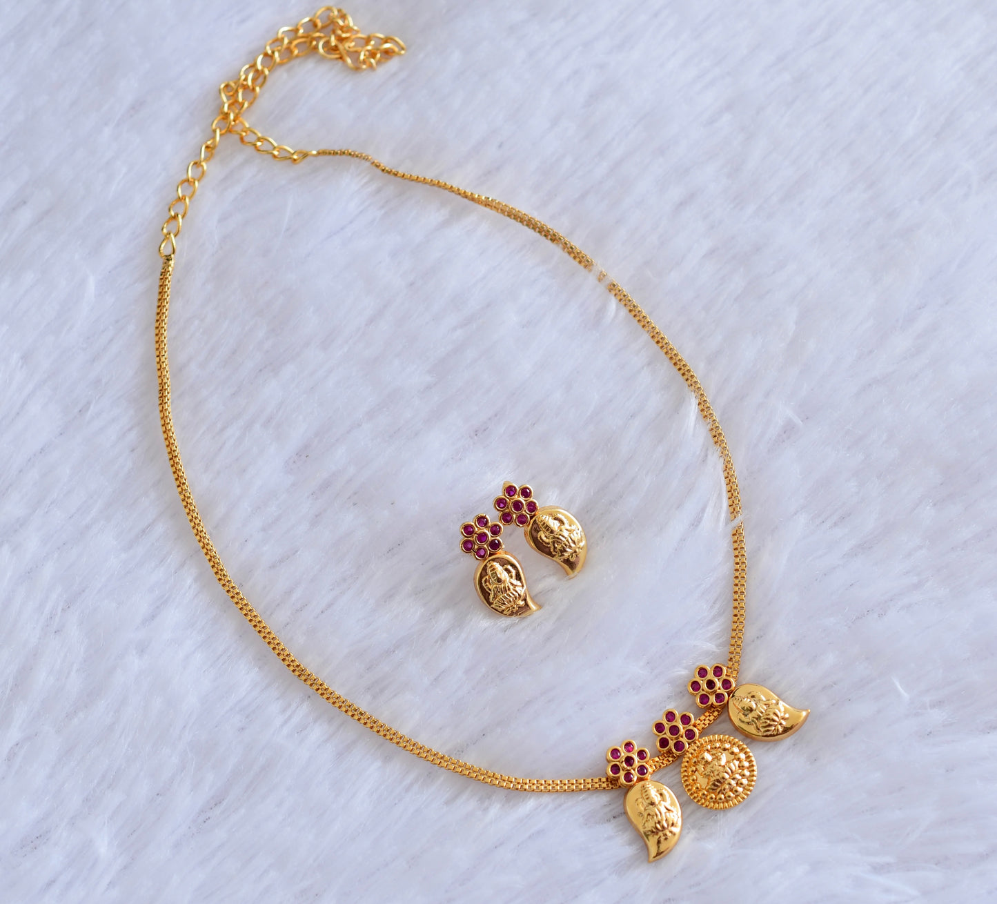 Gold tone pink stone mango lakshmi coin necklace set dj-53044