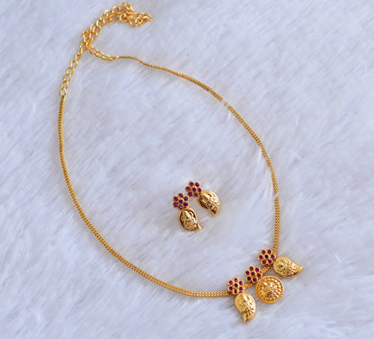 Gold tone pink stone mango lakshmi coin necklace set dj-53044