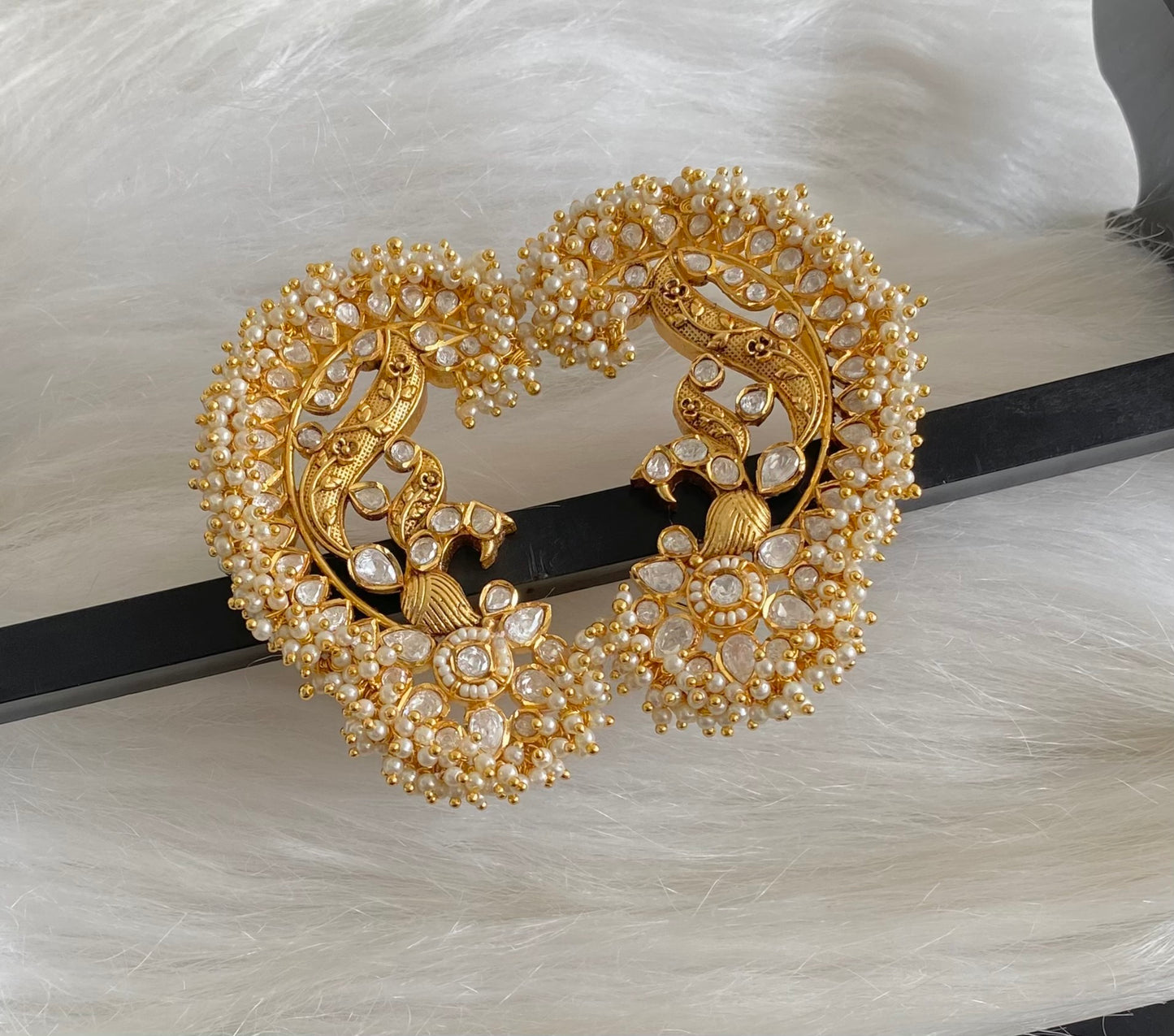 Gold tone white kundan jadau big peacock khanpool earrings dj-54572