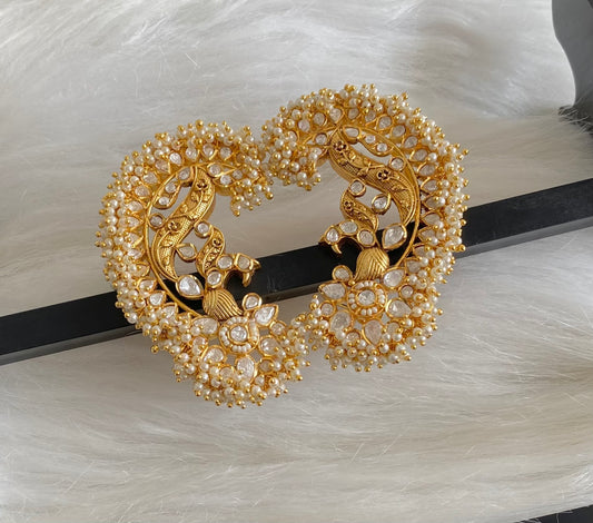 Gold tone white kundan jadau big peacock khanpool earrings dj-54572