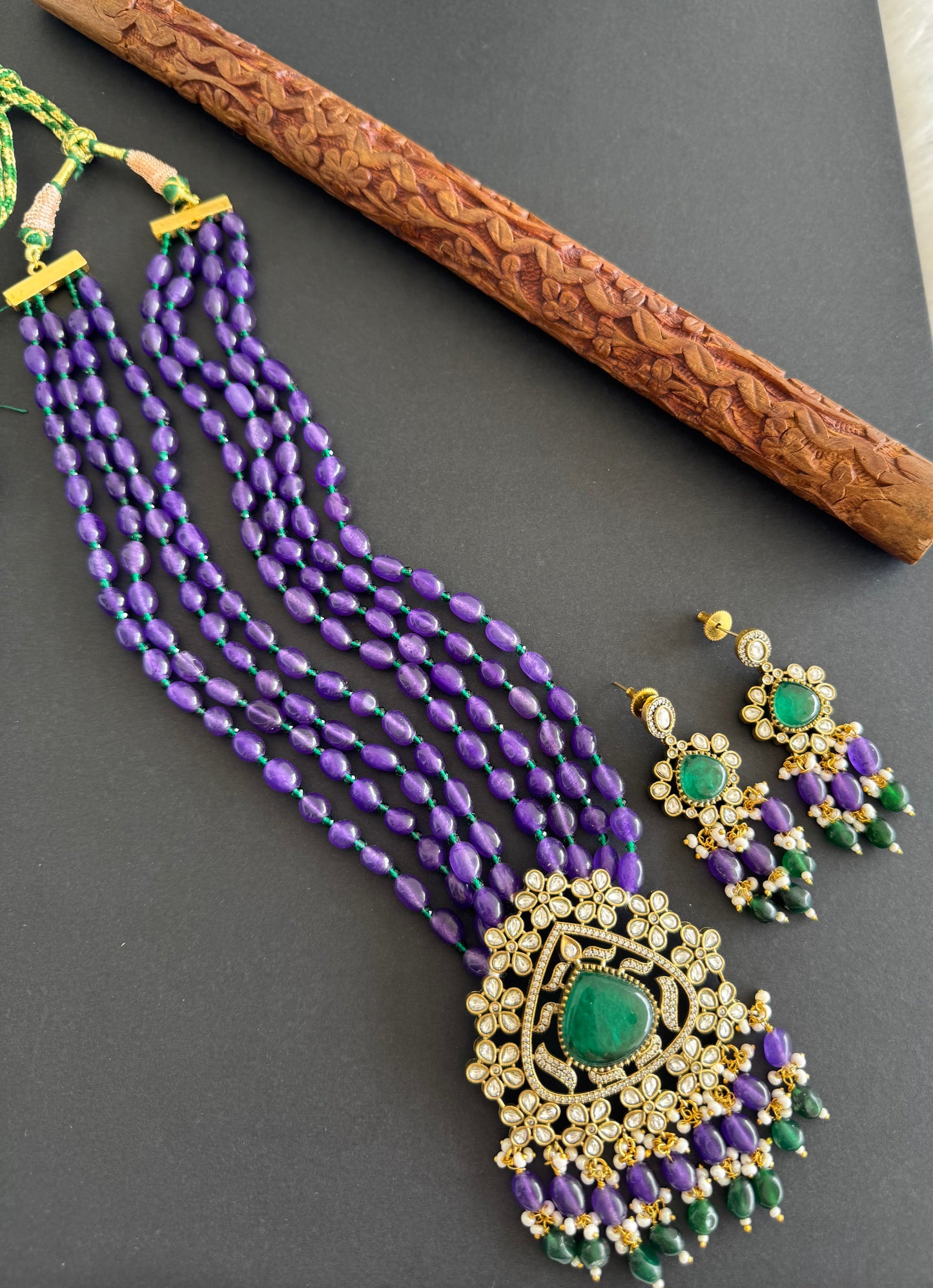 Antique victorian finish purple-green beaded kundan haar Set Dj-51464