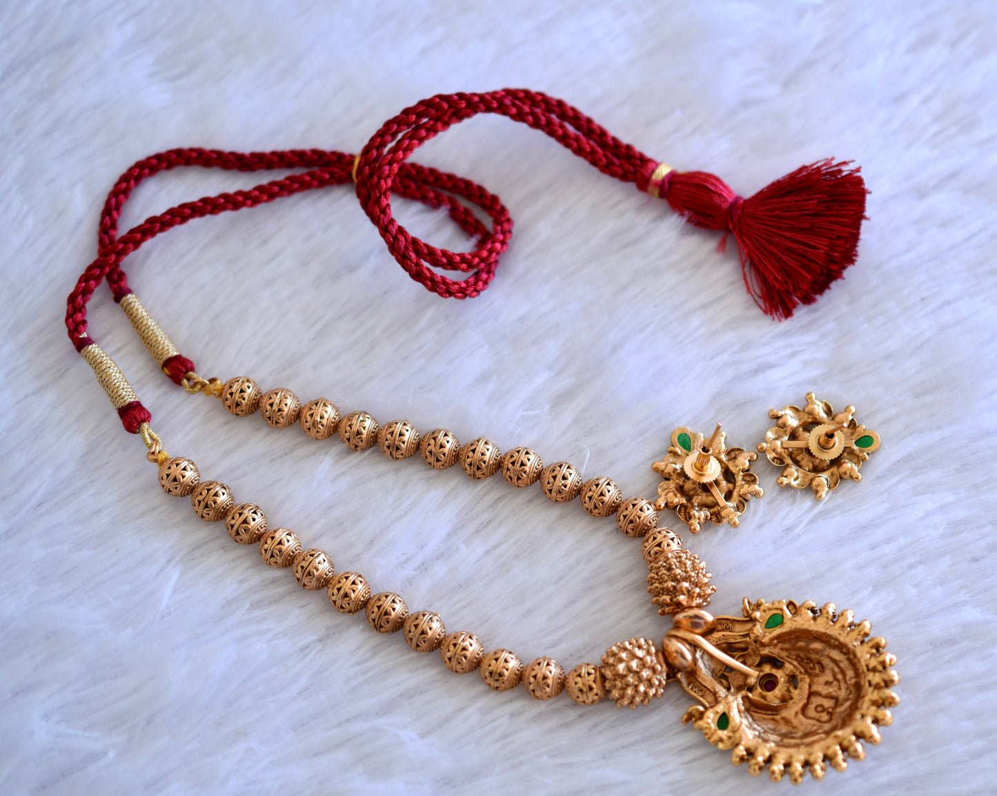 Antique gold tone kemp-green beaded nakshi necklace set dj-52740